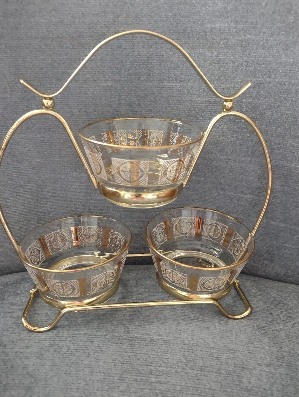 MCM Libbey Gold Metal Caddy Rack 3 Glass Bowls 22 Karat Gold Detail